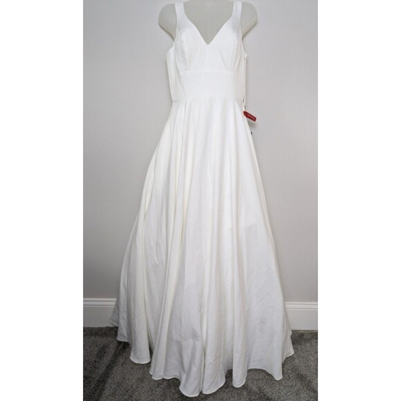 Mac Duggal V-Neck White A-Line Simple Elegant Summer Pockets Wedding Dress SZ 6 - Picture 1 of 13